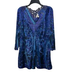 Live and Let Live Blue Velvet Tunic 3X Empire Waist V-Neck Lace Artsy Festival